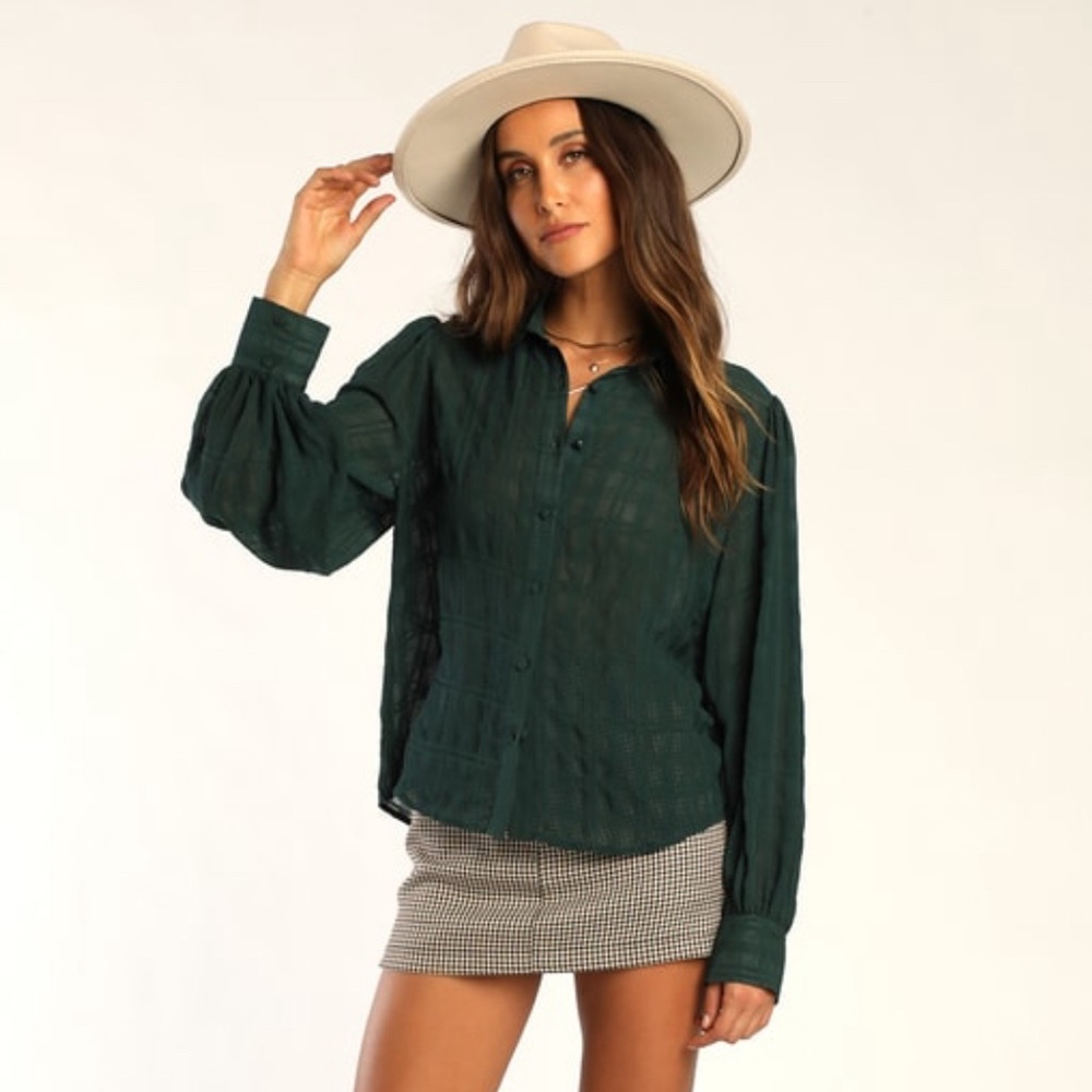 NWT Lulu’s Hunter Green Textured Semi Sheer Top  “Chic Designs”